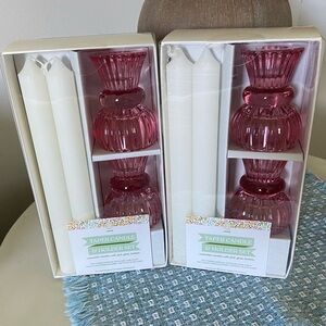 (2) Pink Glass Candle Holder Set with White Taper Candles